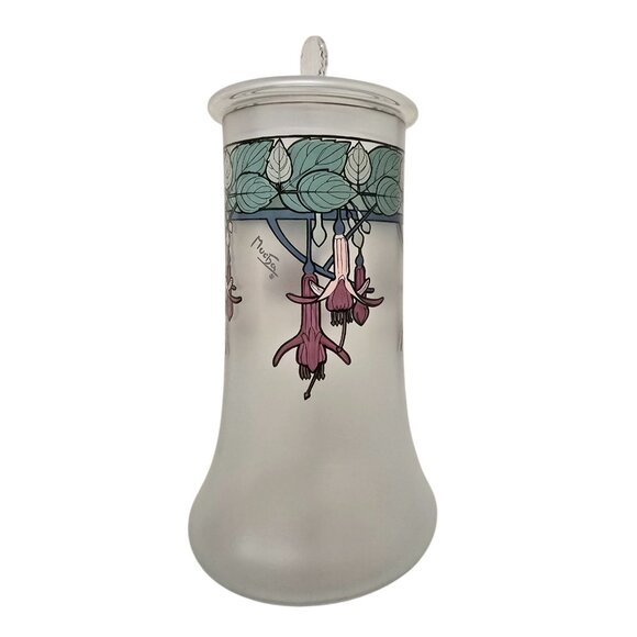 10" Mucha Art Glass Fuchsia Design Satin Glass Canister With Lid - Picture 2 of 12